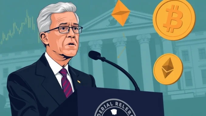 Federal Reserve Chair Jerome Powell speaks at the FOMC meeting, impacting the crypto market with interest rate decisions.