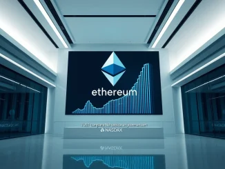 Digital display showing Ethereum logo and rising graphs, symbolizing FG Nexus's significant increase in Ethereum holdings.