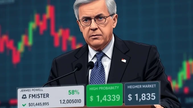 Jerome Powell speaks at an FOMC meeting, highlighting a prediction market's forecast of a hawkish stance impacting the interest rate decision.