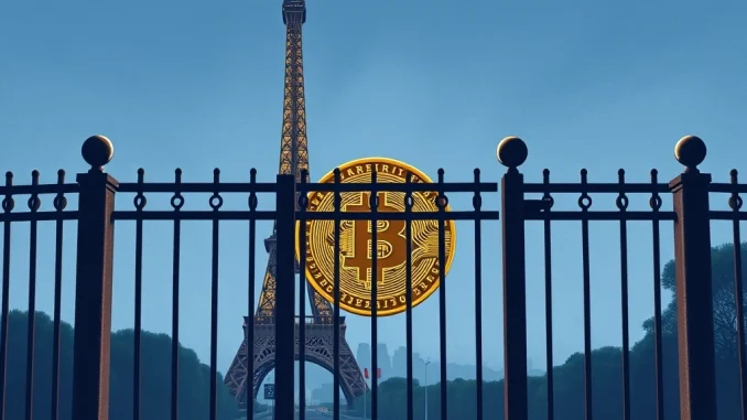 A digital barrier symbolizing France's potential restrictions on EU crypto firms under MiCA regulation, highlighting the impact on France crypto regulation.