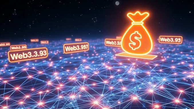 A visual representation of Freename's $6.5M funding boosting Web3 domains, showing a bridge between Web2 and Web3 digital identity.