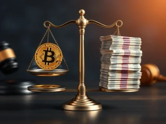 A digital scale balancing Bitcoin and fiat, symbolizing the contentious FTX payouts and the Bitcoin valuation debate.