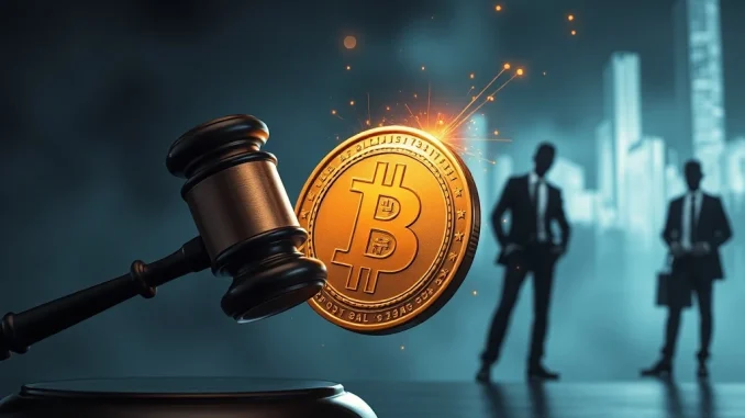 A gavel striking a digital cryptocurrency coin, symbolizing the significant FTX Trust lawsuit against Genesis Digital.
