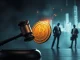 A gavel striking a digital cryptocurrency coin, symbolizing the significant FTX Trust lawsuit against Genesis Digital.