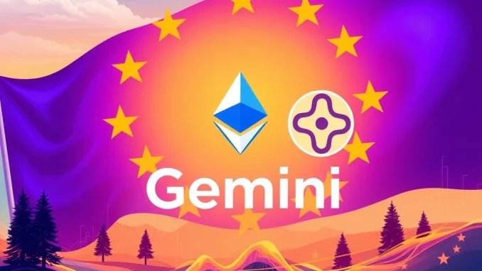 Gemini Europe platform expanding with ETH and SOL staking, perpetual futures, signifying new investment opportunities for users.