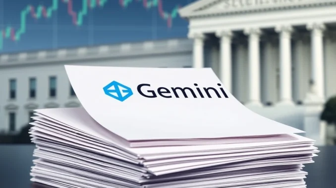 Gemini IPO filing documents stacked with a cryptocurrency exchange logo, symbolizing a significant public offering.