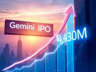 A digital display showing Gemini IPO details, highlighting the increased $430M fundraising target for the cryptocurrency exchange.