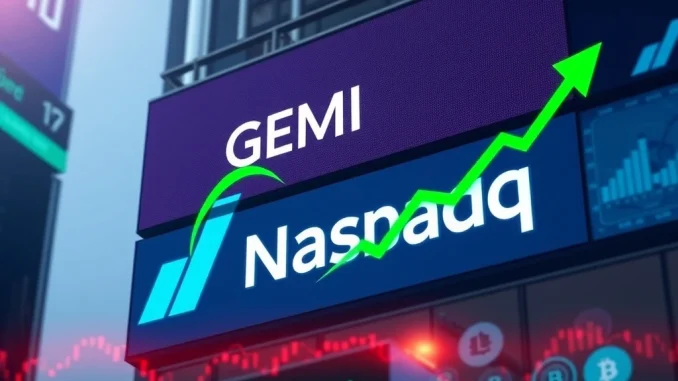 Chart showing Gemini stock surging on its Nasdaq debut, symbolizing a successful crypto exchange listing and positive investor sentiment.