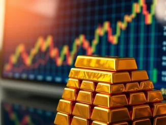 Gold futures price surge depicted by gleaming gold bars against a rising market chart, signaling a new record high.