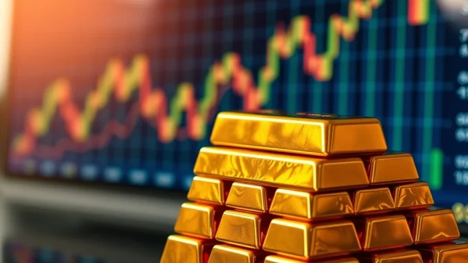 Gold futures price surge depicted by gleaming gold bars against a rising market chart, signaling a new record high.