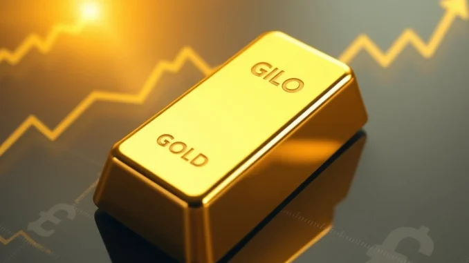 Illustrates the remarkable surge in gold price as it hits an all-time high, depicting stacked gold bars with a rising trend.