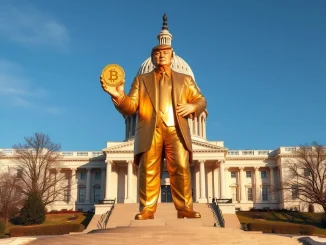 A 12-foot golden Trump statue holding a Bitcoin stands prominently outside the US Capitol, representing a blend of politics and cryptocurrency.