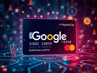A futuristic interface illustrating the innovative Google AI payment protocol integrating stablecoins and traditional finance, symbolizing a new era of digital transactions.