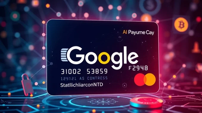 A futuristic interface illustrating the innovative Google AI payment protocol integrating stablecoins and traditional finance, symbolizing a new era of digital transactions.