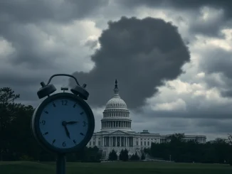 A clock ticking down against the US Capitol, symbolizing the impending **government shutdown** and its potential **economic impact**.