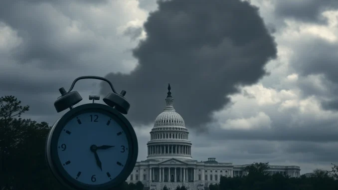 A clock ticking down against the US Capitol, symbolizing the impending **government shutdown** and its potential **economic impact**.