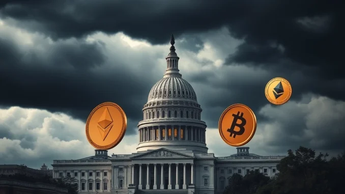 Urgent Warning: **Government Shutdown** Threatens **Cryptocurrency Market Stability** A compelling image showing the US Capitol under dark clouds, symbolizing a looming **government shutdown** and its potential for **economic uncertainty** in the **cryptocurrency market**.