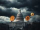 A compelling image showing the US Capitol under dark clouds, symbolizing a looming **government shutdown** and its potential for **economic uncertainty** in the **cryptocurrency market**.