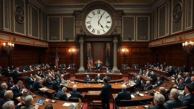 U.S. Senate members preparing for a critical vote to prevent a government shutdown, highlighting urgent legislative action.