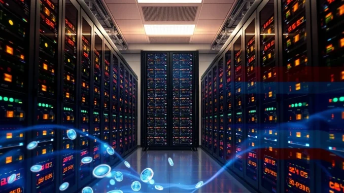 Digital tokens integrate with advanced GPU servers, symbolizing the **GPU tokenization** initiative by GAIB and Siam.AI to expand AI infrastructure.