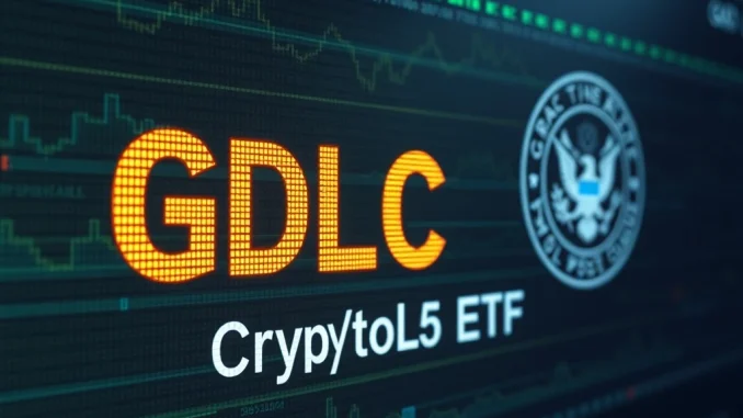 Grayscale CoinDesk Crypto5 ETF ticker symbol displayed on a digital screen, signifying the launch of the Grayscale Crypto ETF after SEC approval.