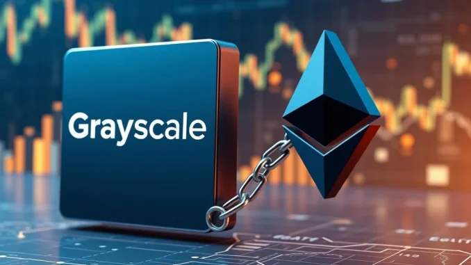 Grayscale's strategic preparations for spot ETH ETF staking, showing Ethereum logos and financial charts.