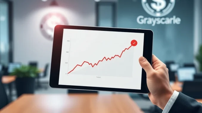 Grayscale GDLC ETF approval celebrated with a handshake over a digital assets chart, signifying a landmark moment.