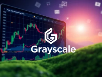 A digital trading interface displaying significant upward trends and the Grayscale logo, symbolizing the successful debut of the Grayscale GDLC ETF.