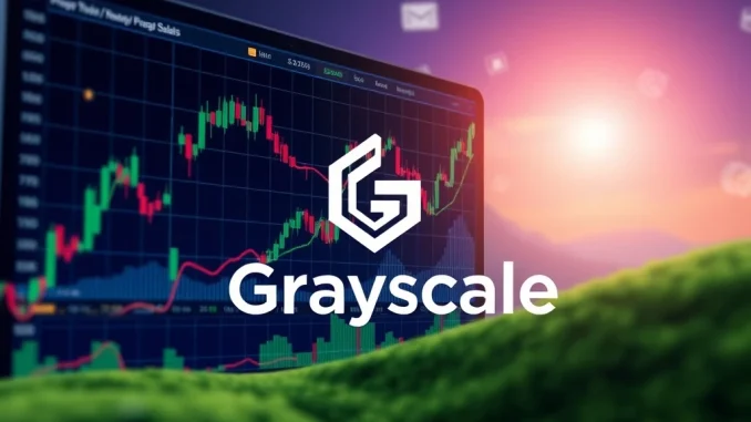 A digital trading interface displaying significant upward trends and the Grayscale logo, symbolizing the successful debut of the Grayscale GDLC ETF.