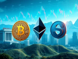 Visualizing the future of finance, showcasing Bitcoin, Ethereum, and Solana symbols against a backdrop of institutional growth, representing **high-potential cryptocurrencies** driving market evolution.