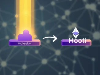 An illustration showing the **Holesky testnet** gracefully transitioning its operations to the new **Hooti testnet** for the evolving **Ethereum network**.