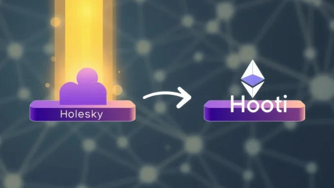 An illustration showing the **Holesky testnet** gracefully transitioning its operations to the new **Hooti testnet** for the evolving **Ethereum network**.