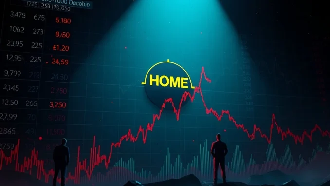 A dramatic red candlestick chart illustrating the HOME token's significant price drop amidst intense cryptocurrency volatility.