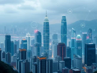 Hong Kong's financial district skyline at dusk, symbolizing the city's ambition to become a leading hub for Hong Kong digital assets and blockchain innovation.
