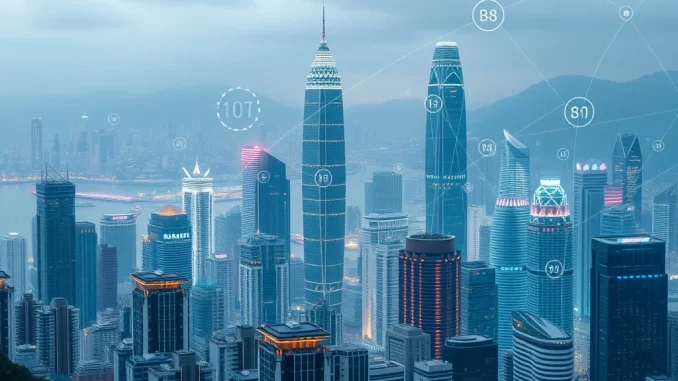 Hong Kong's financial district skyline at dusk, symbolizing the city's ambition to become a leading hub for Hong Kong digital assets and blockchain innovation.