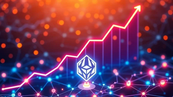 A digital representation of HYPER token with an upward trending graph, symbolizing the dramatic crypto price surge driven by blockchain technology advancements.