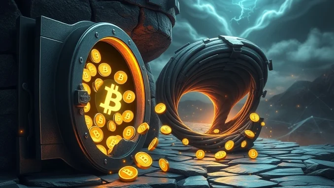 Visualizing the Hypervault exploit: a breached digital vault with crypto funds flowing to Tornado Cash, highlighting a critical DeFi security incident.