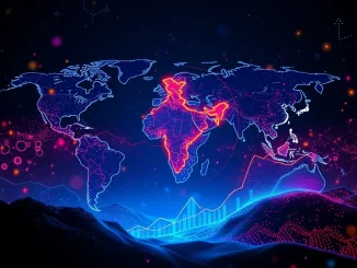 A glowing map of India surrounded by digital crypto symbols, illustrating **India crypto adoption** leading the global index for the third year.