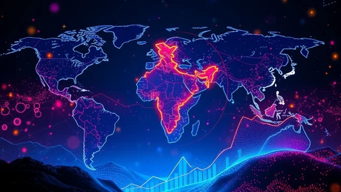 A glowing map of India surrounded by digital crypto symbols, illustrating **India crypto adoption** leading the global index for the third year.
