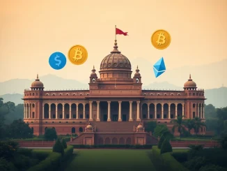The Indian government building symbolizing India crypto regulation decisions, with digital asset symbols highlighting the ongoing policy debate.