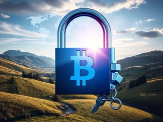 An Interpol cryptocurrency seizure operation visualizes a digital padlock and police badge, symbolizing law enforcement's successful crackdown on illicit crypto funds.