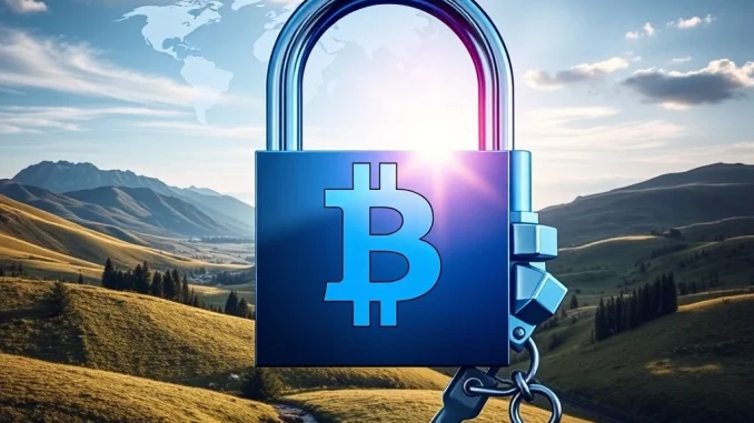 An Interpol cryptocurrency seizure operation visualizes a digital padlock and police badge, symbolizing law enforcement's successful crackdown on illicit crypto funds.