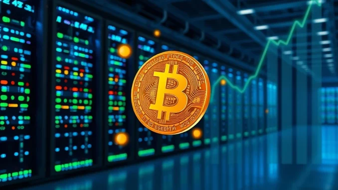 A modern data center with Bitcoin mining rigs, representing Iris Energy's consistent Bitcoin mining operations and strong BTC production.