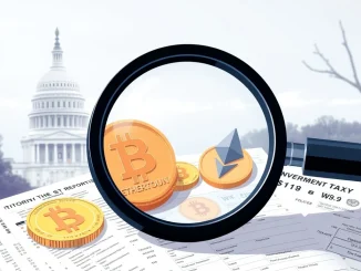A magnifying glass examining crypto tax reporting documents, symbolizing the IRS's new rules for US crypto taxation.