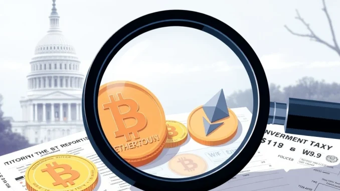 Crucial US IRS Unveils Enhanced Crypto Tax Reporting Rules A magnifying glass examining crypto tax reporting documents, symbolizing the IRS's new rules for US crypto taxation.