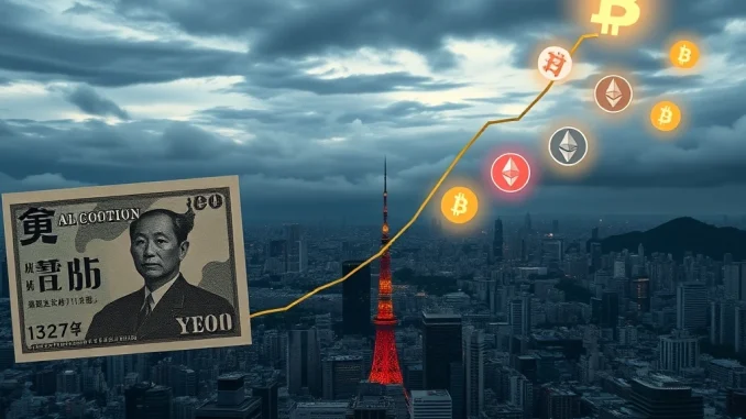 Visualizing Japan's escalating debt crisis prompting a shift towards crypto investment.