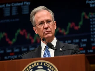 Federal Reserve Chair Jerome Powell discusses interest rates and the economic outlook with a cautious expression.