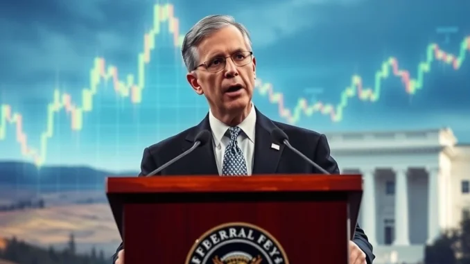 Federal Reserve Chairman Jerome Powell delivering a speech, highlighting concerns over high stock market valuations.