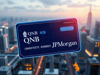 Qatar National Bank executive shaking hands with JPMorgan representative over a digital blockchain payment system interface, symbolizing secure and fast corporate payments.