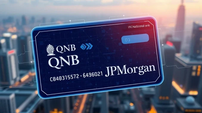 Qatar National Bank executive shaking hands with JPMorgan representative over a digital blockchain payment system interface, symbolizing secure and fast corporate payments.